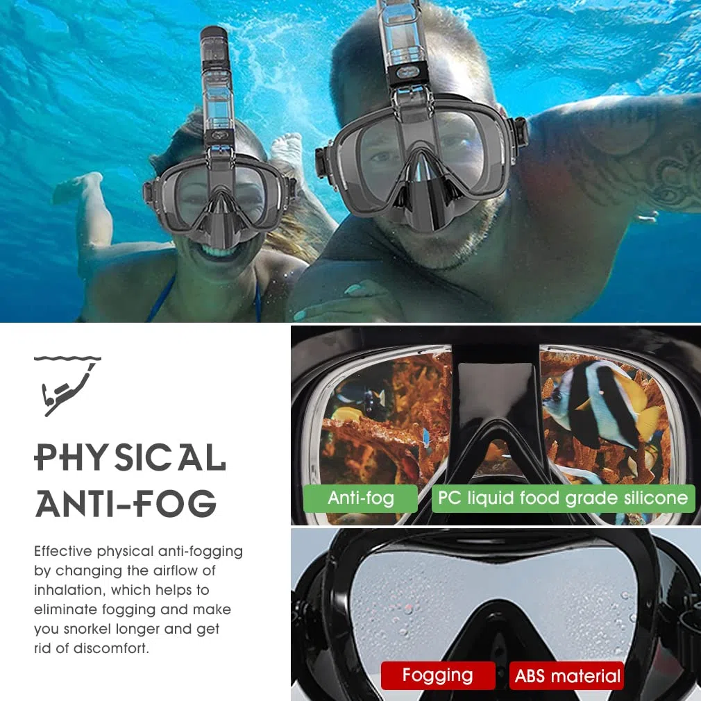 Dry Snorkel Kit Tempered Glass Swim and Dive Goggles Lunettes de Natation et de Plongée 180° Anti-Fog Goggles Free Breathing Goggles Lunettes de Respiration Libre