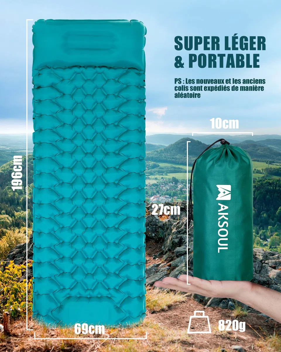 AKSOUL Matelas Pneumatique De Camping Auto-Gonflant: Grand Matelas Gonflable Extérieur Ultra-Léger Épais, Auto-Gonflable Matelas D'Isolation Thermique Pliable pour Tente Trekking Plage