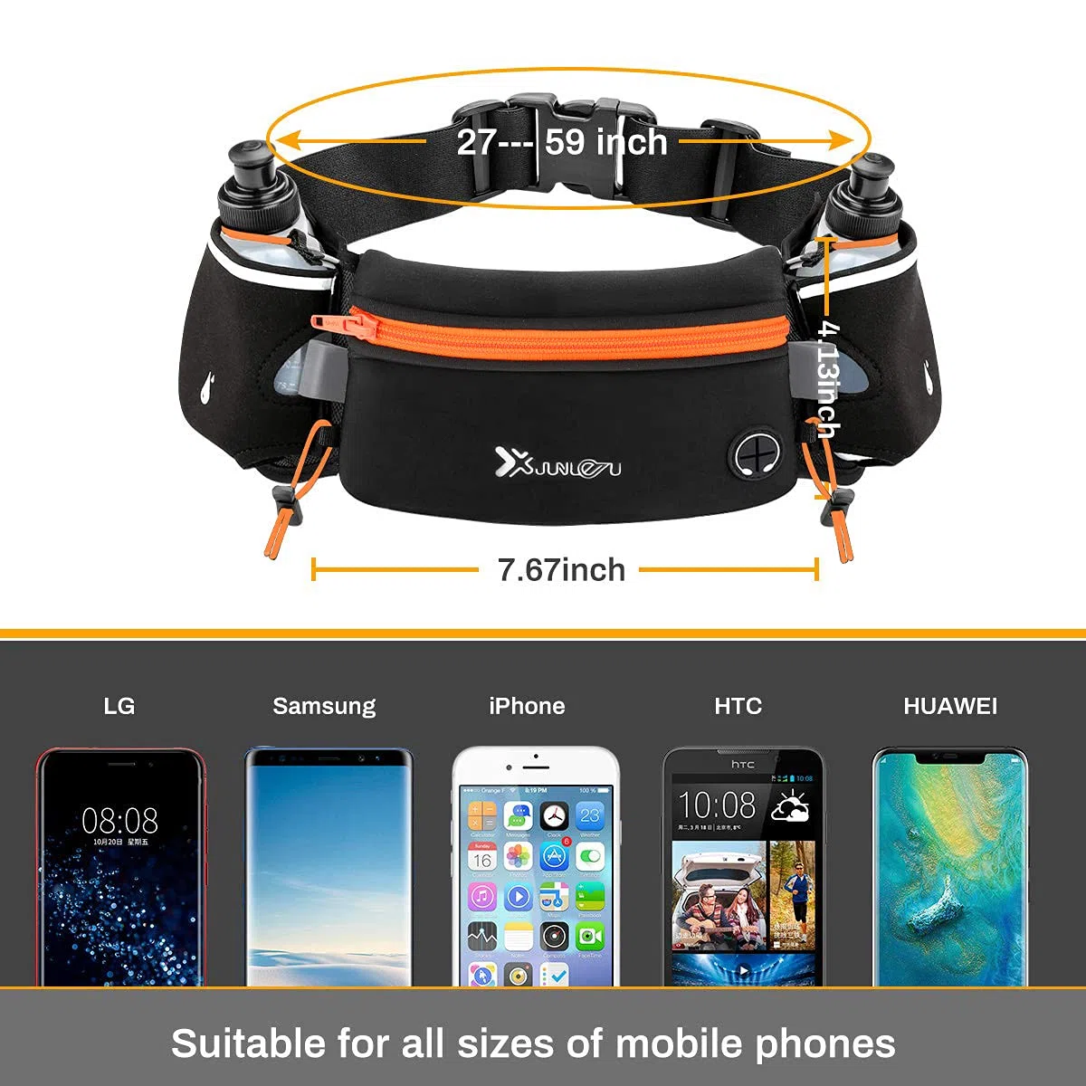 Number-one Ceinture de course avec gourdes (2 x 175 ml), ceinture d'hydratation étanche, sac banane pour iPhone, pochette de sport ajustable pour les marathons, la course, la randonnée ou le vélo