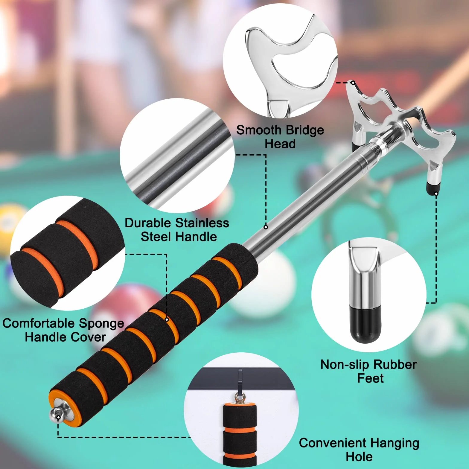 Bâton Pont de Queue de Billard Rétractable avec 3 Pièces Tête de Pont en Laiton Amovible Accessoire Queue de Billard pour Table de Billiard, Snooker, Jeux, Compétition