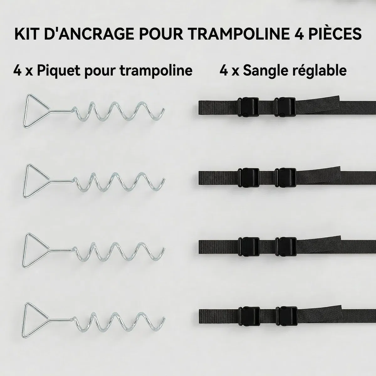 SPORTNOW Lot de 4 Piquets d'ancrage au Sol en Acier Galvanisé, Ancrage Spirales 32 cm, avec 4 Sangles Ajustables 180 cm, Kit d'ancrage au Sol pour Trampoline, Tentes, Balançoires, Abris