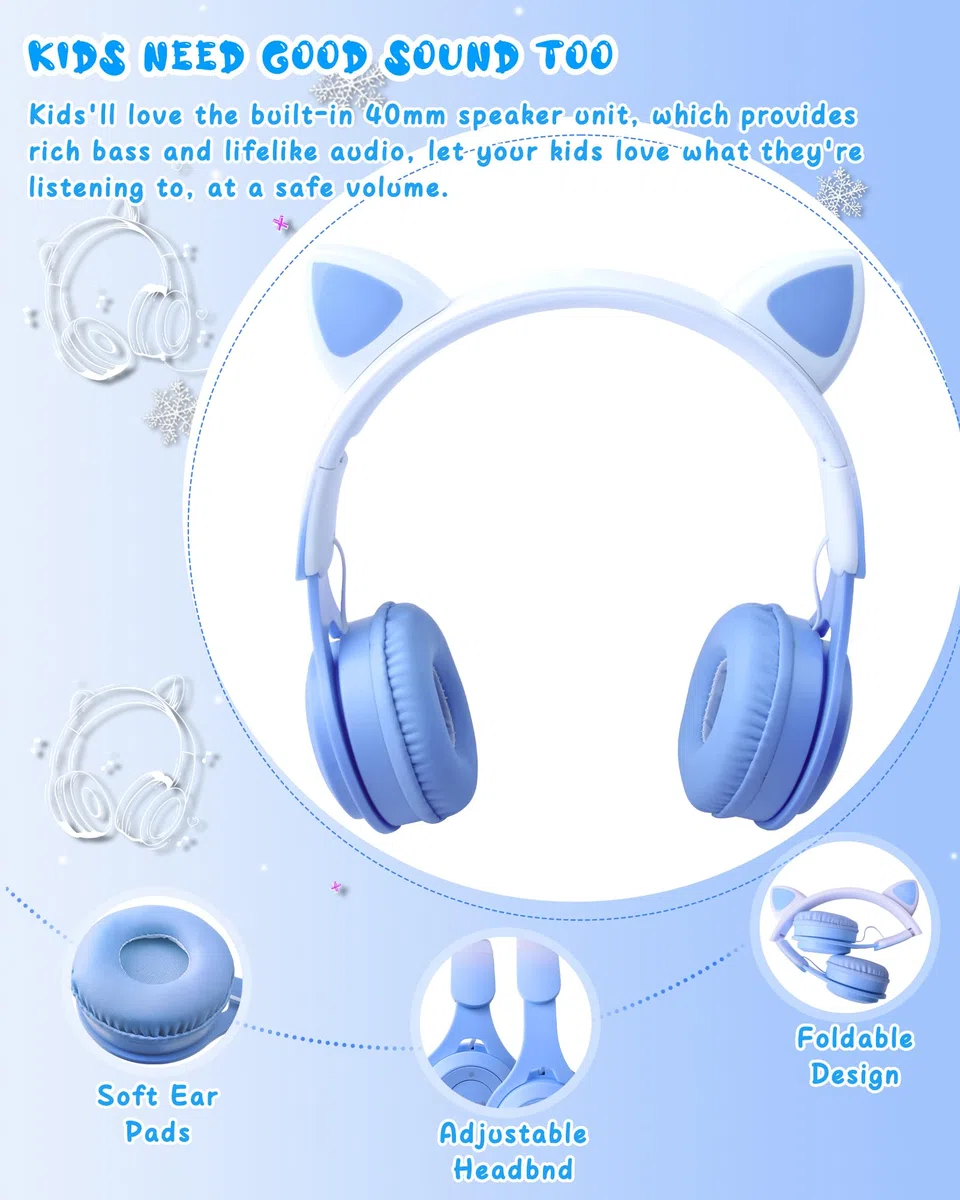 Joso Casque 2 en 1 pour enfants, casque filaire/sans fil avec microphone pour filles et garçons, casque pliable avec oreilles de chat avec volume limité pour enfants à partir de 5 ans (bleu)