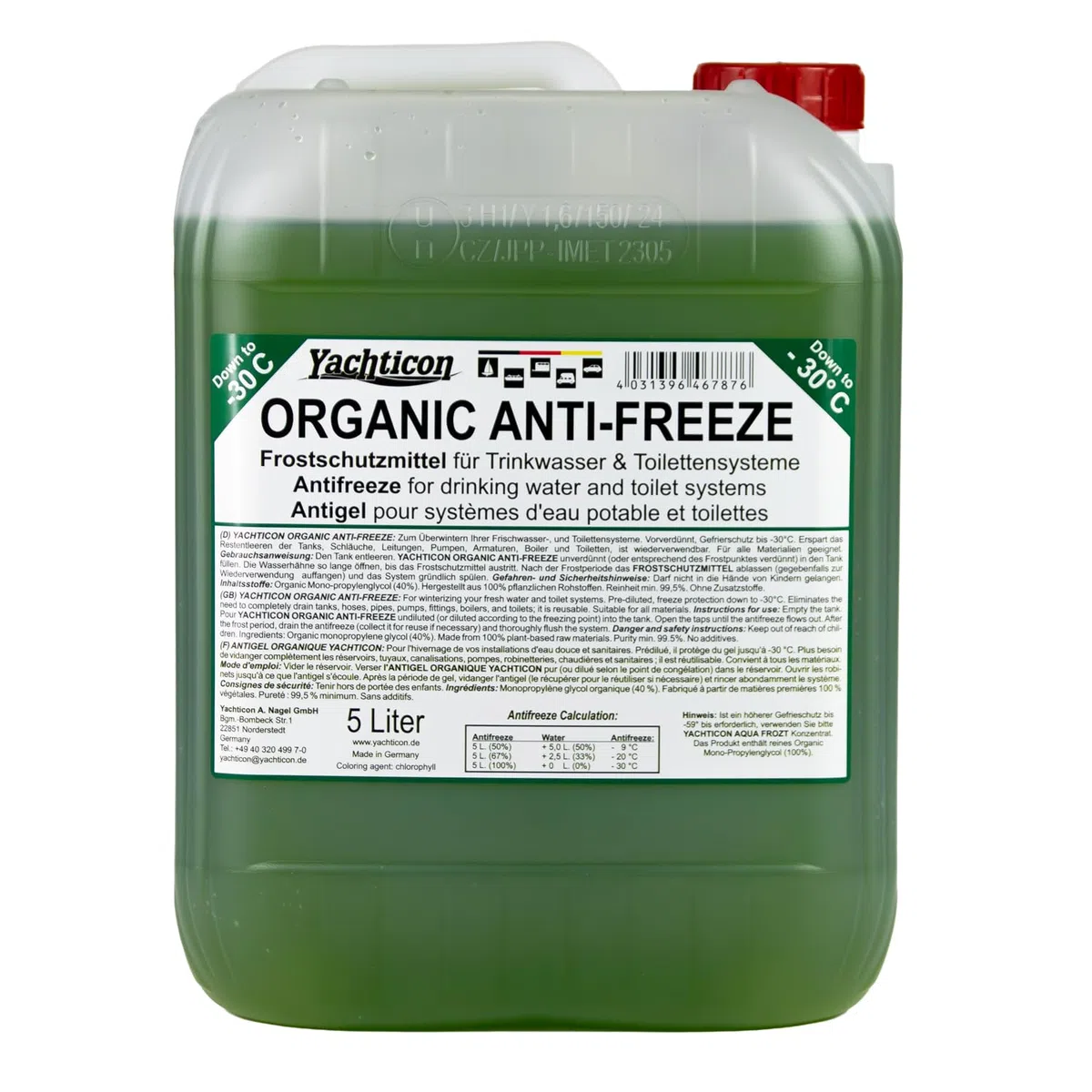 YACHTICON Organic Anti-Freeze Antigel 5 l pour systèmes d'eau potable et de toilettes - Fabriqué en Allemagne - prêt à l'emploi, diluable, réutilisable, qualité végétale USP