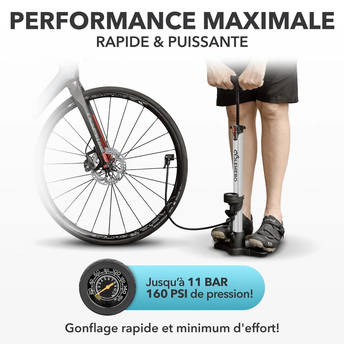 Pompe à vélo toutes les valves * Test très bien - Garantie 10 ans * Pompe à air puissante pour vélo - Pompe à vélo à valve française - Pompe sur pied avec manomètre - Pompe à air sur pied