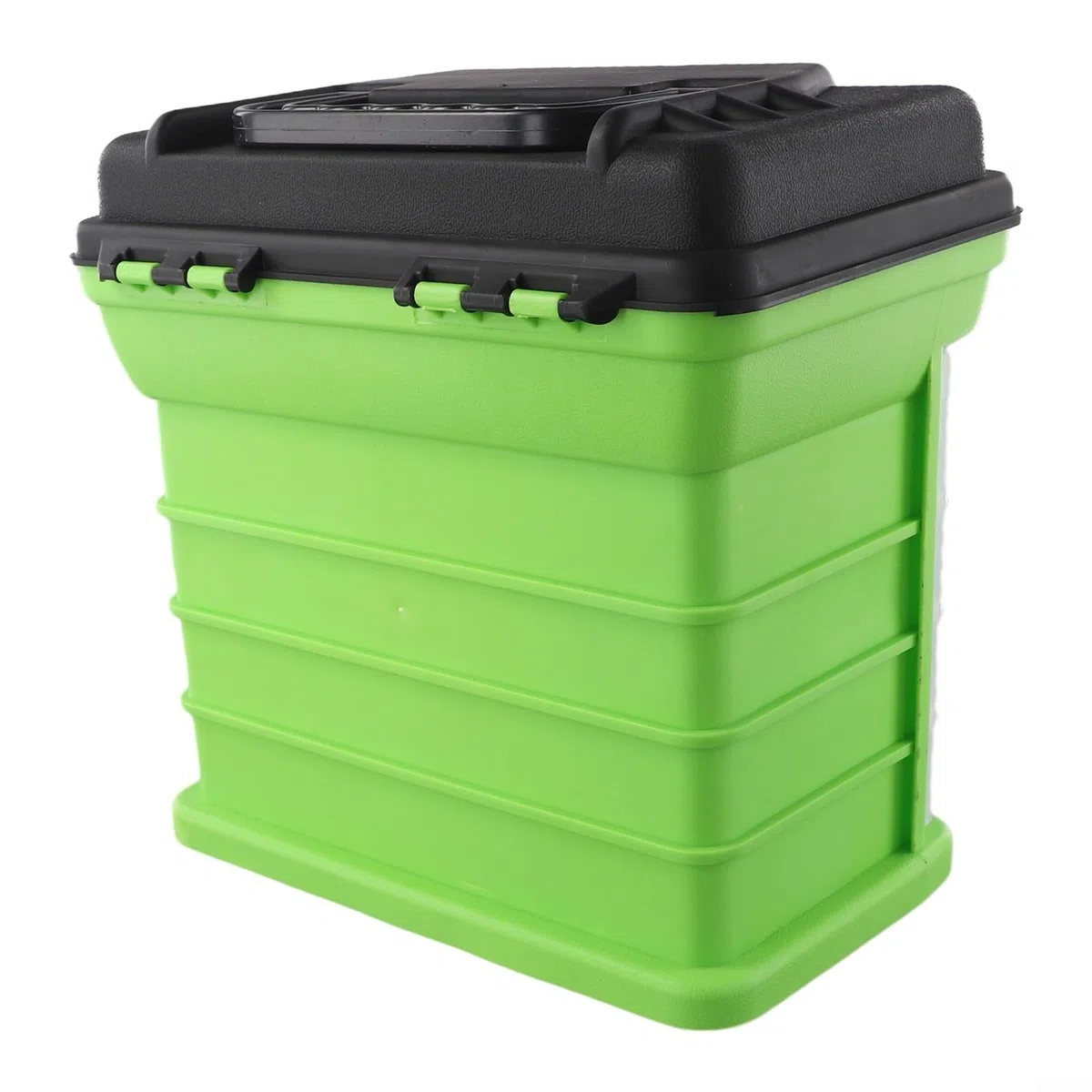 Boîte de rangement pour équipement de pêche à 4 couches avec poignée pliable pour la portabilité et l'assise, boucles de sécurité verrouillables, et grande capacité adaptée aux moulinets, lignes et