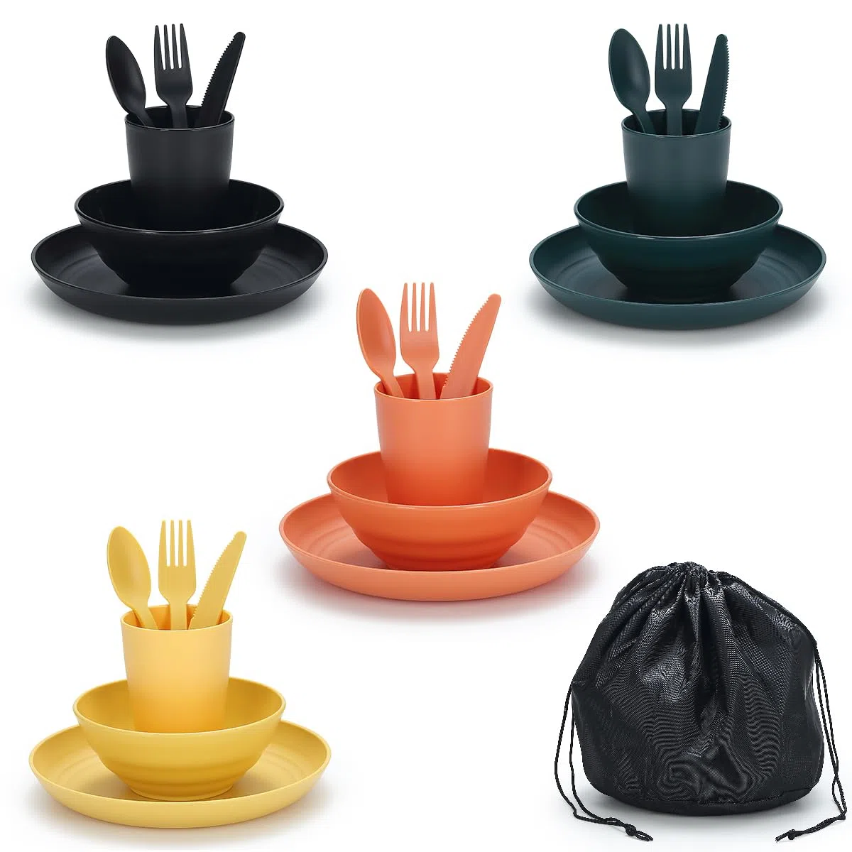Ustensiles de camping pour 4 avec bol, assiette, tasse, cuillère, fourchette, couteau et sac de transport, accessoires de camping en plastique Équipement essentiel pour voyage, pique-
