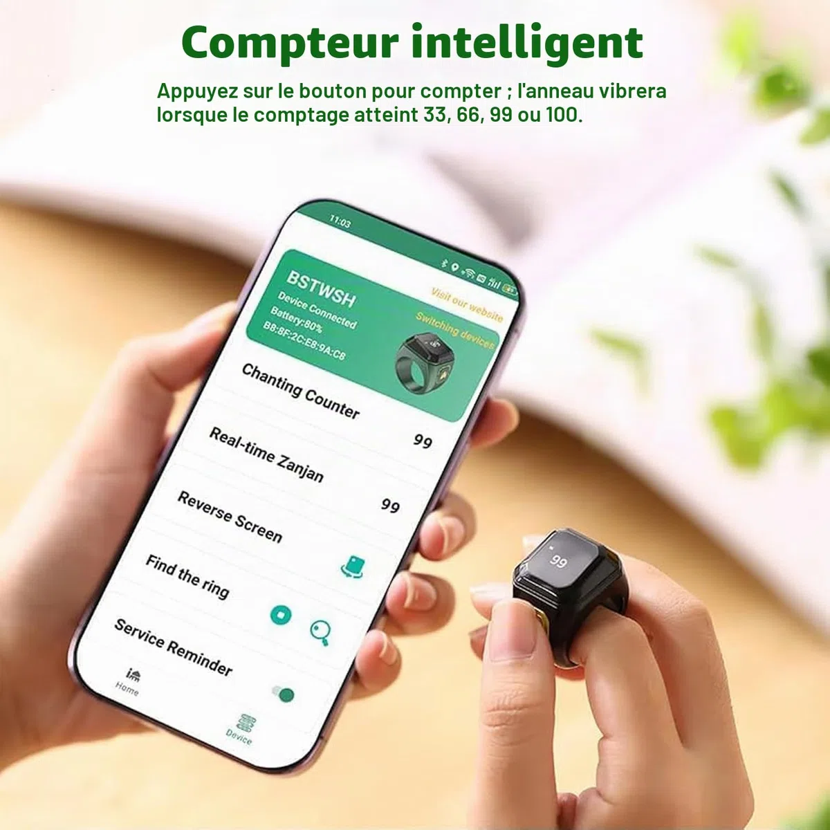 Tasbih Compteur de Prière 22 mm, Anneaux de Comptage de Prière Intelligents, Clicker de Compteur Tally Rechargeable, Compteur de Doigt avec Écran OLED（Noir）