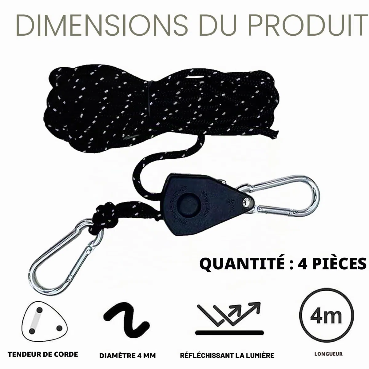 Lot de 4 haubans réfléchissants de 4 m - 4 mm - Tendeur léger - Réglable - Pour extérieur, tente, tente, camping, voile d'ombrage - Corde à linge (noir)