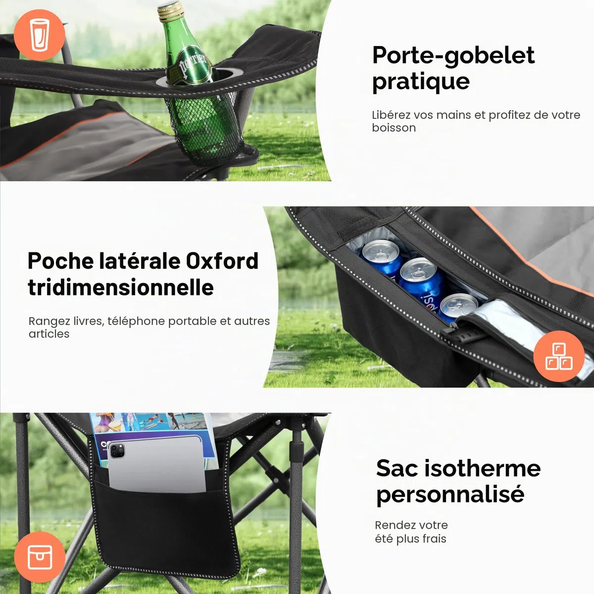 HIGH POINT SPORTS Chaise Pliante Camping 200KG, Chaise de Camping Pliable Portable Surdimensionnée Chaise Pliante Exterieur et Interieur Fauteuil Camping Chaise de Peche Noir