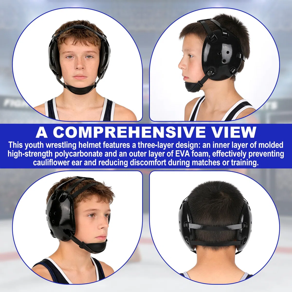 Jeunesse Lutte Protège-Tête, Ajustable Enfants Oreille Garde avec Système Sangle 5-Points Léger Casque Protection pour Garçons & Jeunes Lutteurs Entraînement et Compétition (Noir)