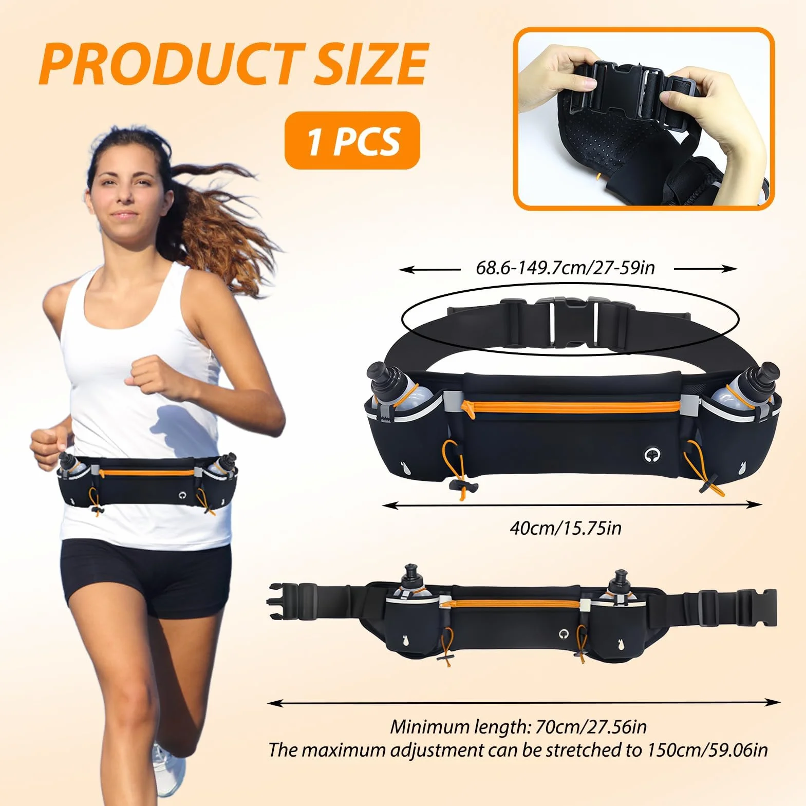 Ceinture de Course avec Bouteilles d'eau(2 * 180ml) Cadeaux pour la Fête des Pères Réfléchissant Ceinture Réglable pour Smartphone iPhone Samsung Galaxy pour Marathon Jogging Cyclisme,Randonnée