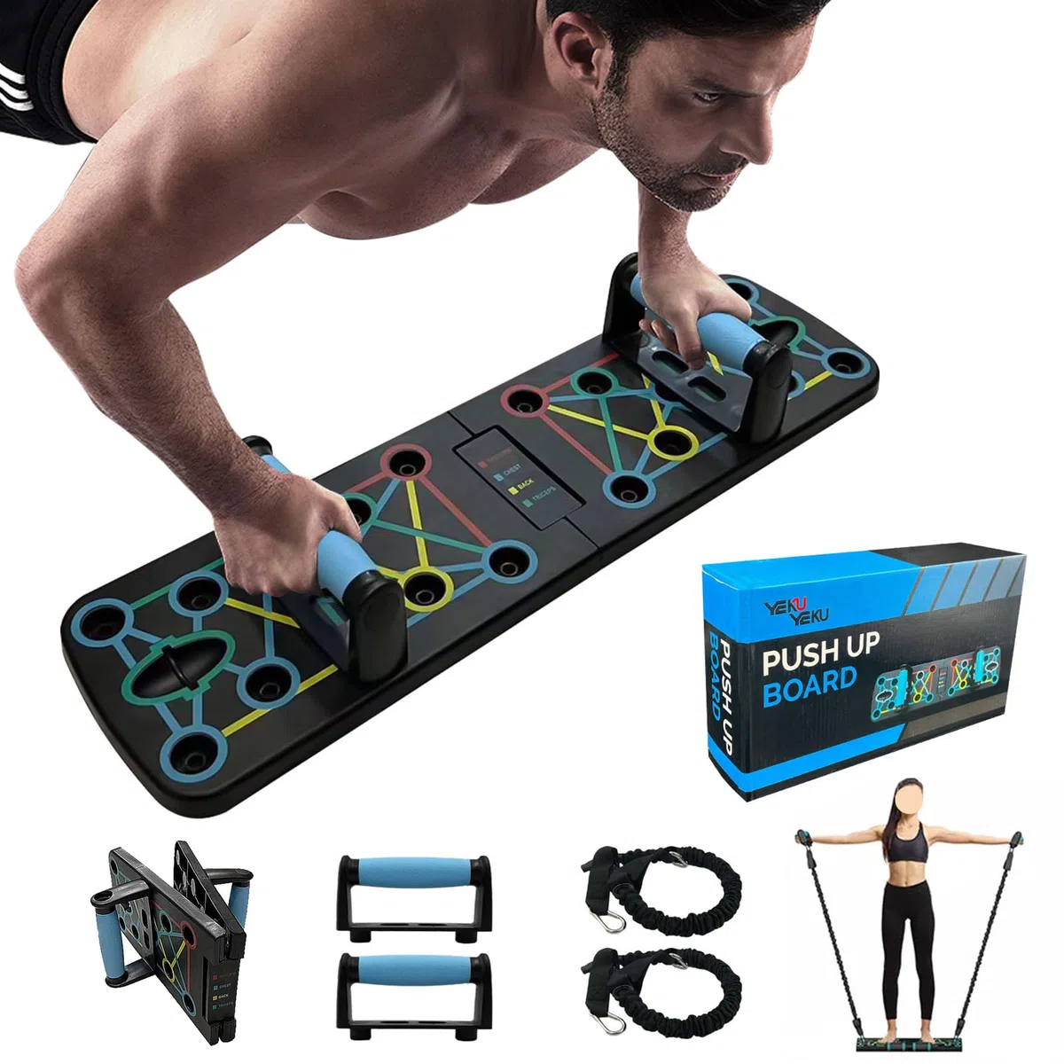 12 en 1 Push up Board, équipement de Fitness Multifonction Pliable à la Maison, avec barre de préhension et corde de résistance, pour intérieur, Gymnase, Exercice de Fitness en Plein air