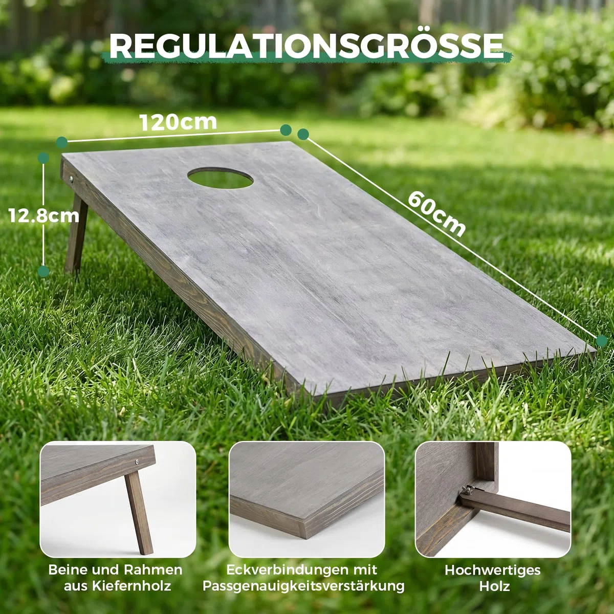Cornhole - Kit d'extérieur en bois véritable - 120 x 60 cm - Bean Bag Game avec 10 sacs et sac - Jeu professionnel pour adultes, enfants, jardin, plage, camping - Accessoires officiels de tournoi