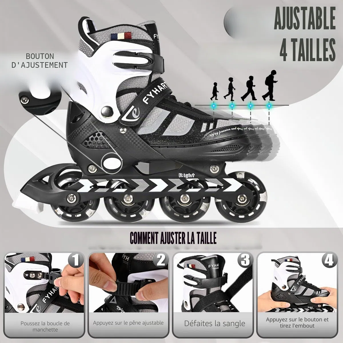 Réglables Patins à roulettes en Ligne pour garçons et Filles, Patins à roulettes à 4 Roues pour Adolescents et Adultes avec Roues Lumineuses pour Les Sport, Noir Blanc