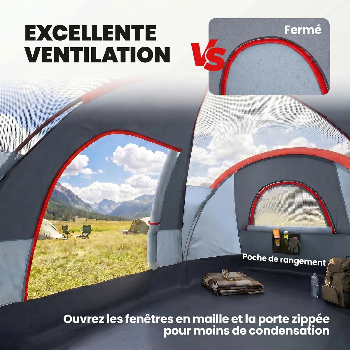 Outsunny Tente de Camping familiale 5 pers. - Tente tunelle ventilée Facile à Monter - Grande Porte + 2 fenêtres - 4,55L x 2,2l x 1,8H m Fibre Verre Polyester Oxford