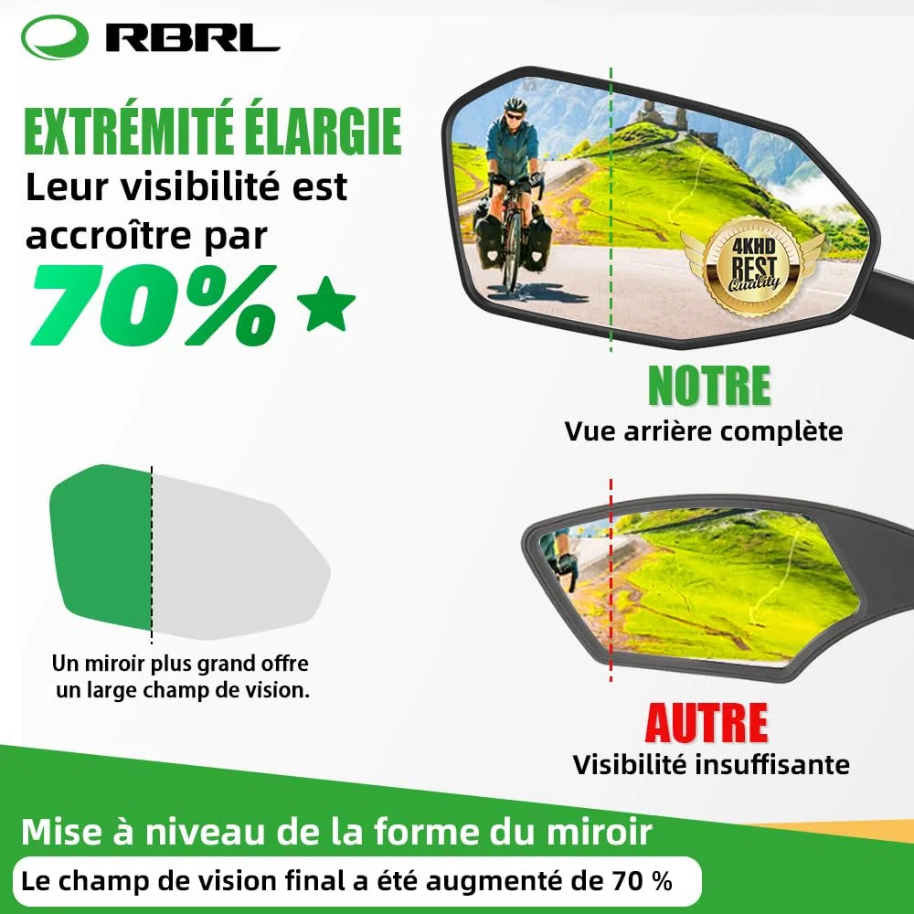 RBRL Rétroviseur Vélo, Pas Facile à Bloquer, Rétroviseur de vélo Extra Large, Rétroviseur de Vélo Incassable et Durable, Adapté au Vélo électrique （gauche）