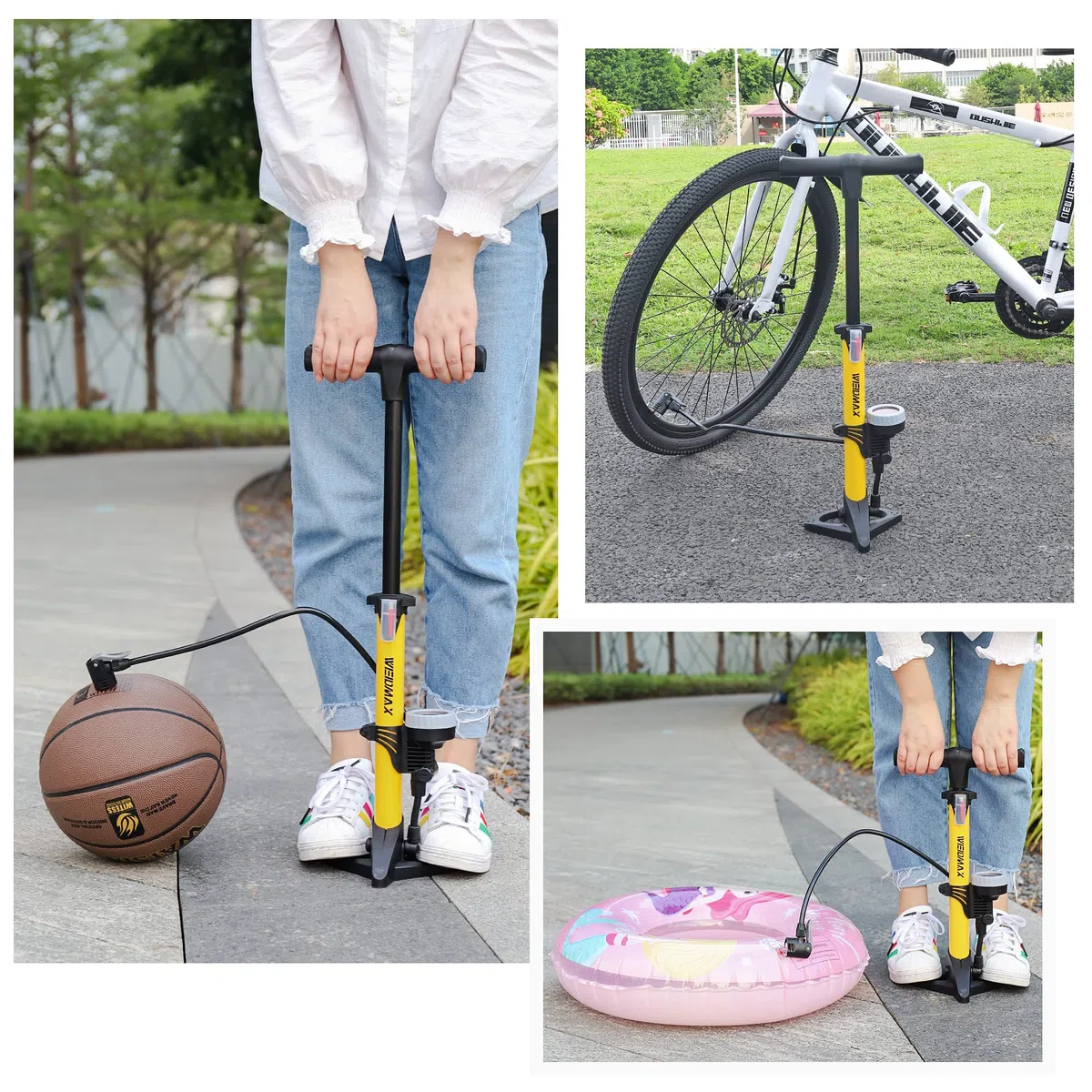 Pompe à vélo WEIDMAX, Pompe à Pied de vélo Ergonomique, gonfleur de Pneu de vélo, Pompe Portable avec manomètre Intelli et tête de Valve