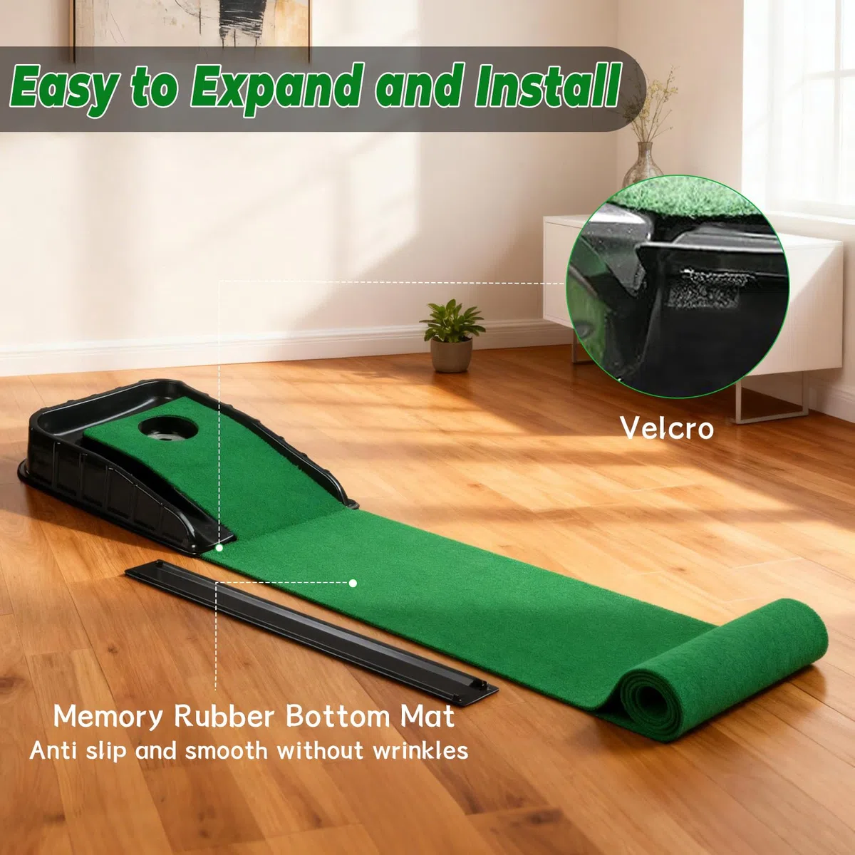 Tapis de golf avec retour automatique de balle, tapis d'entraînement vert de 220 cm avec surface en velours lisse – Aide à l'entraînement portable pour la maison et le bureau, tapis d'entraînement