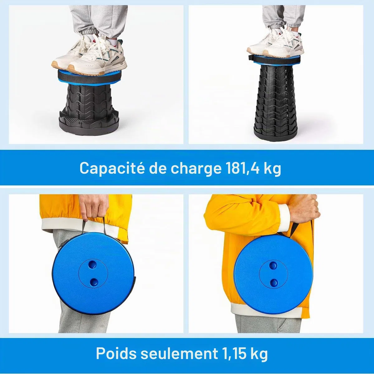 AOKITO Tabouret Pliant,Tabouret Portable de Deuxième Génération, Léger et Stable, Réglable en Hauteur, Charge de 397 LB, pour L'extérieur, Randonnée, Pêche, Barbecue, Intérieur, Voyage, Fête (Bleu)