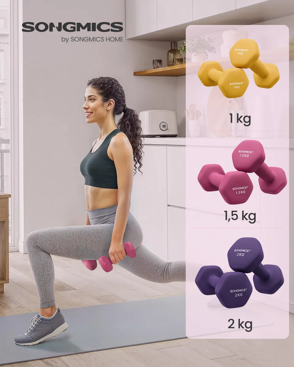 SONGMICS Lot d'haltères hexagonaux courts avec support d'haltères, finition mate, revêtement en néoprène, pour la musculation, à la maison