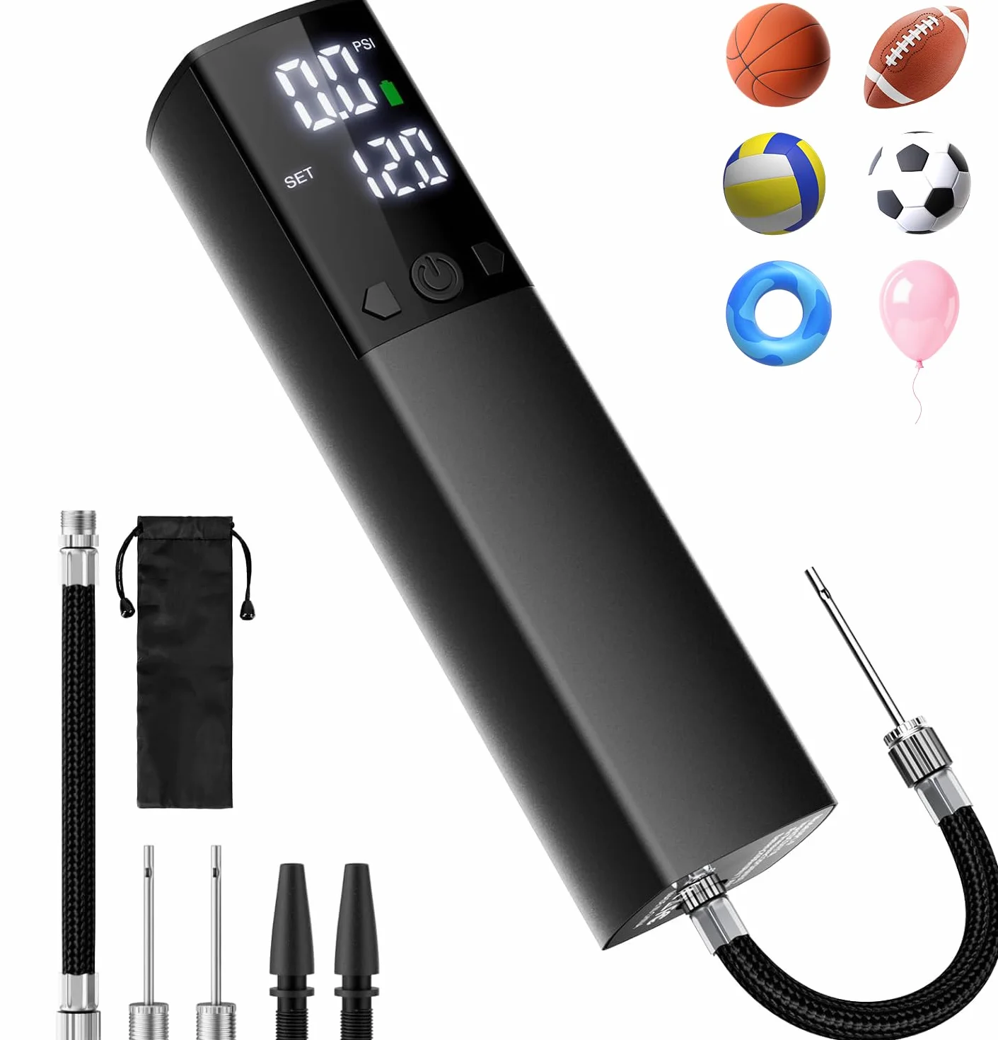 Pompe à Bille électrique, Pompe Automatique Portable pour gonflage Rapide des Ballons avec manomètre précis et écran LCD numérique pour Basket-Ball, Football, Volleyball (2 Aiguilles et 1 buse)