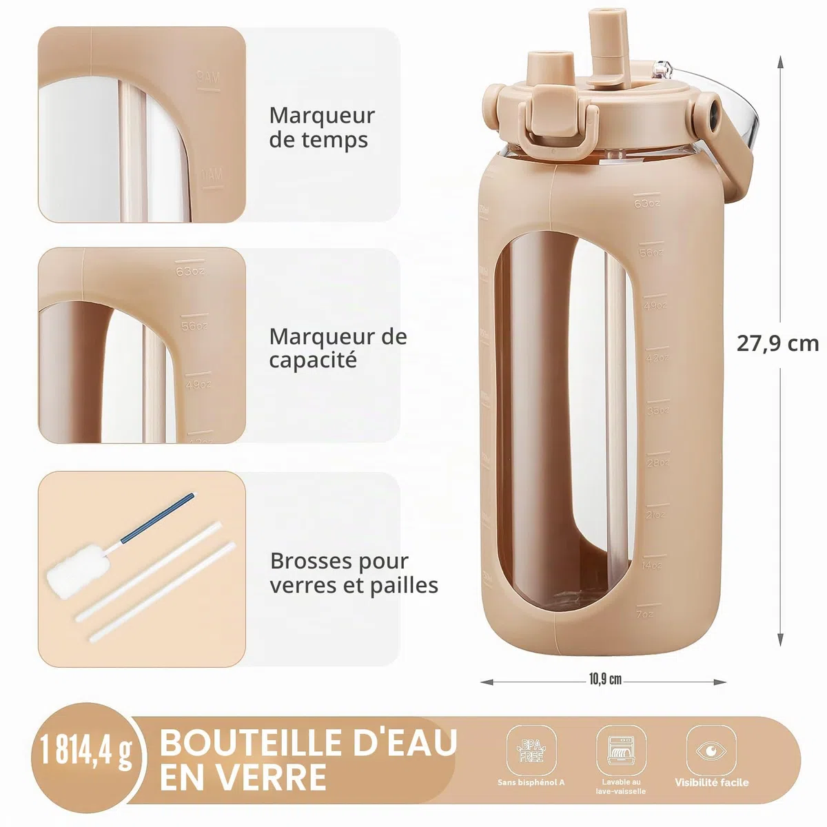 BLUEGO 2L Gourd en verre Avec paille Marqueur de temps Bouteille d'eau Motivation avec manchon en silicone 2 litres Grande carafe d'eau en Verre pour Gym, sports et entraînement, Ambre