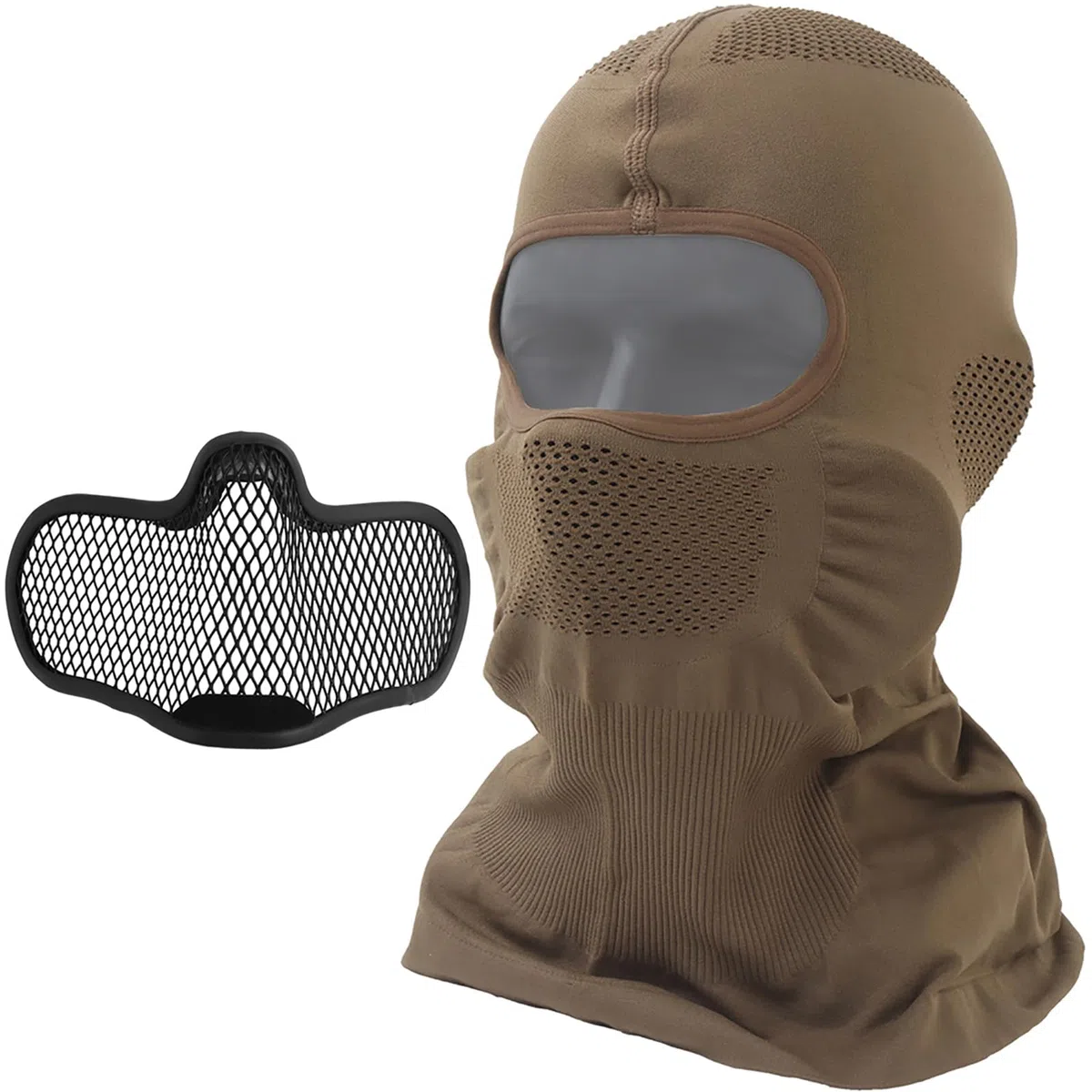 Cagoule Airsoft avec Grille Métallique Amovible pour Le Bas du Visage, Cagoule Respirante 2 en 1 pour Paintball et Plein air Brown