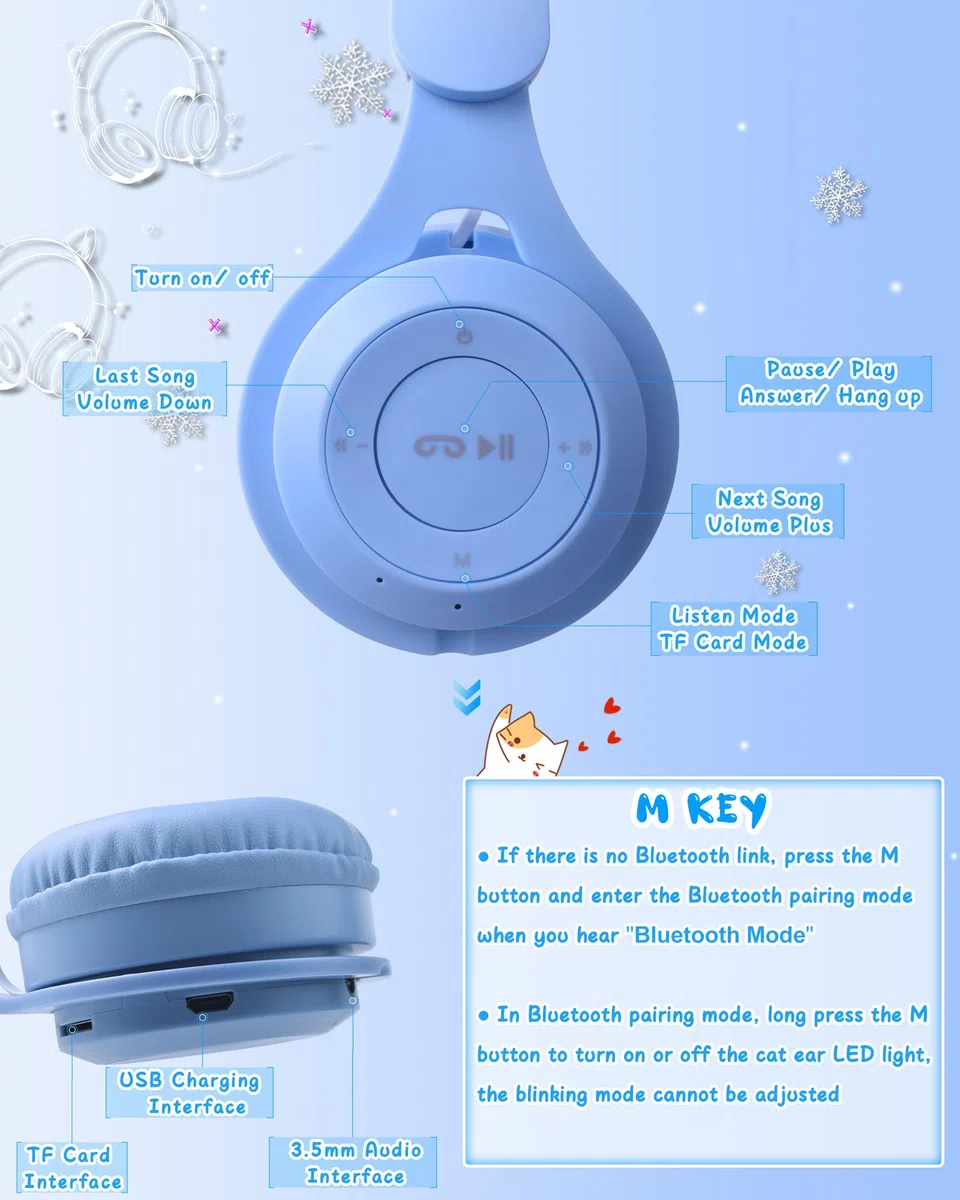 Joso Casque 2 en 1 pour enfants, casque filaire/sans fil avec microphone pour filles et garçons, casque pliable avec oreilles de chat avec volume limité pour enfants à partir de 5 ans (bleu)