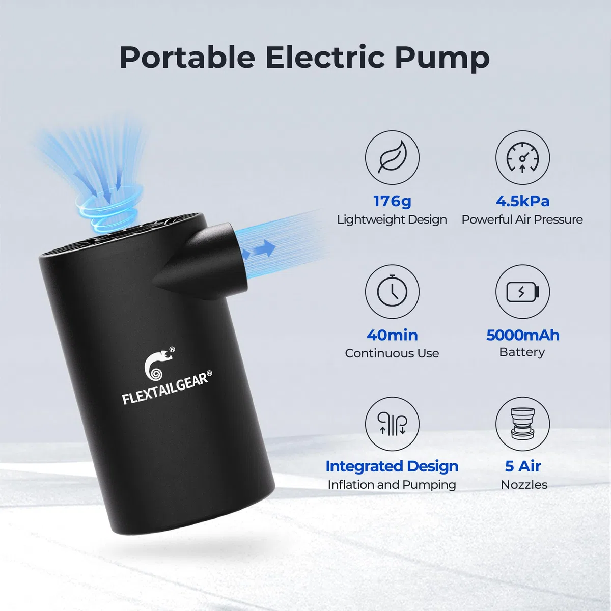 FLEXTAILGEAR Evo Pump, Pompe électrique Portable 4500Pa, Pompe pour Matelas pneumatique 250L/min, Batterie 3800mAh, gonflage et dégonflage pour lit pneumatique