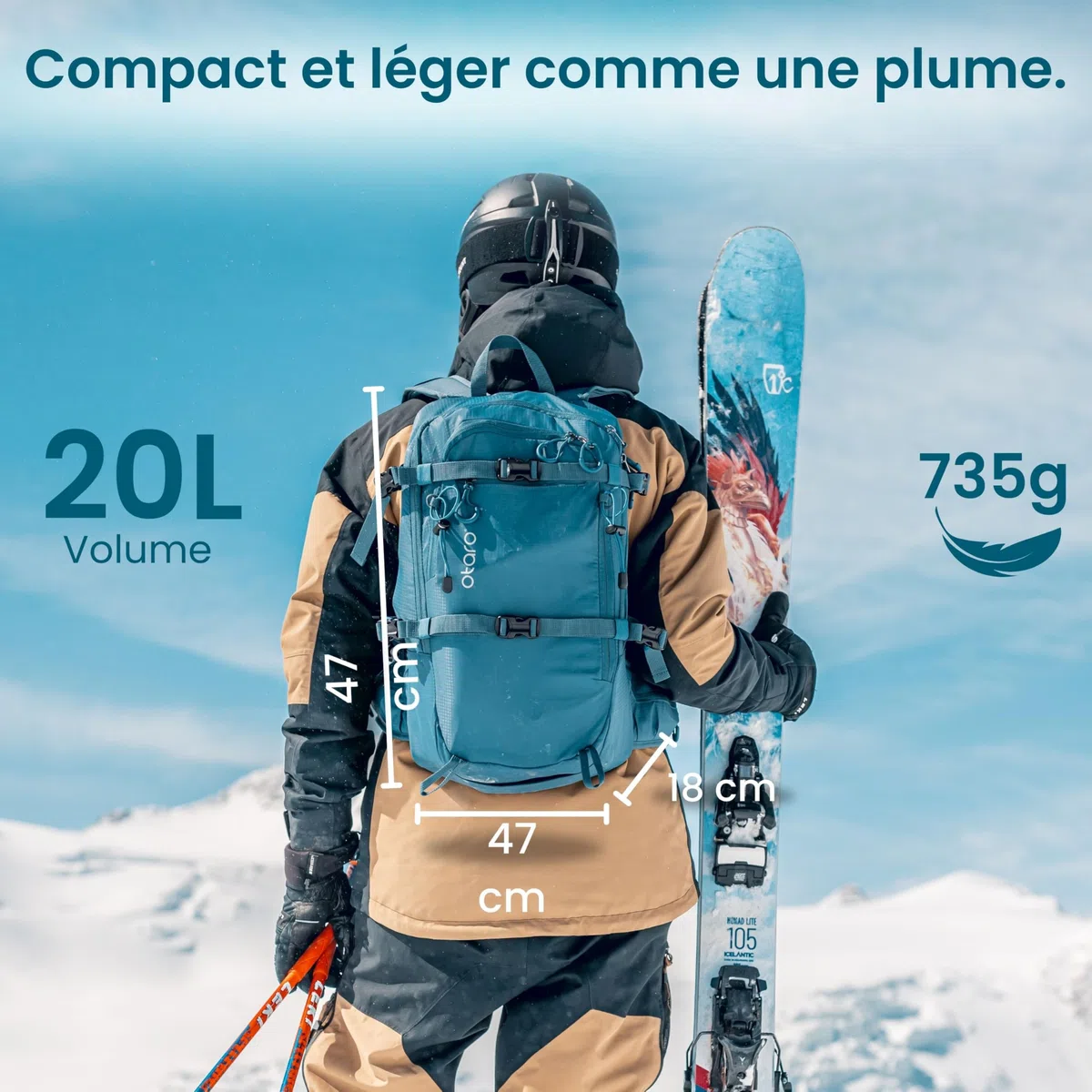 Otaro Sac à Dos Skis (20 l) - Ultra léger - Equipement Ski Homme - Accessoire Ski Homme et Femme - pour Le Ski, Le Cyclisme, Le Camping - Sac à Dos de vélo