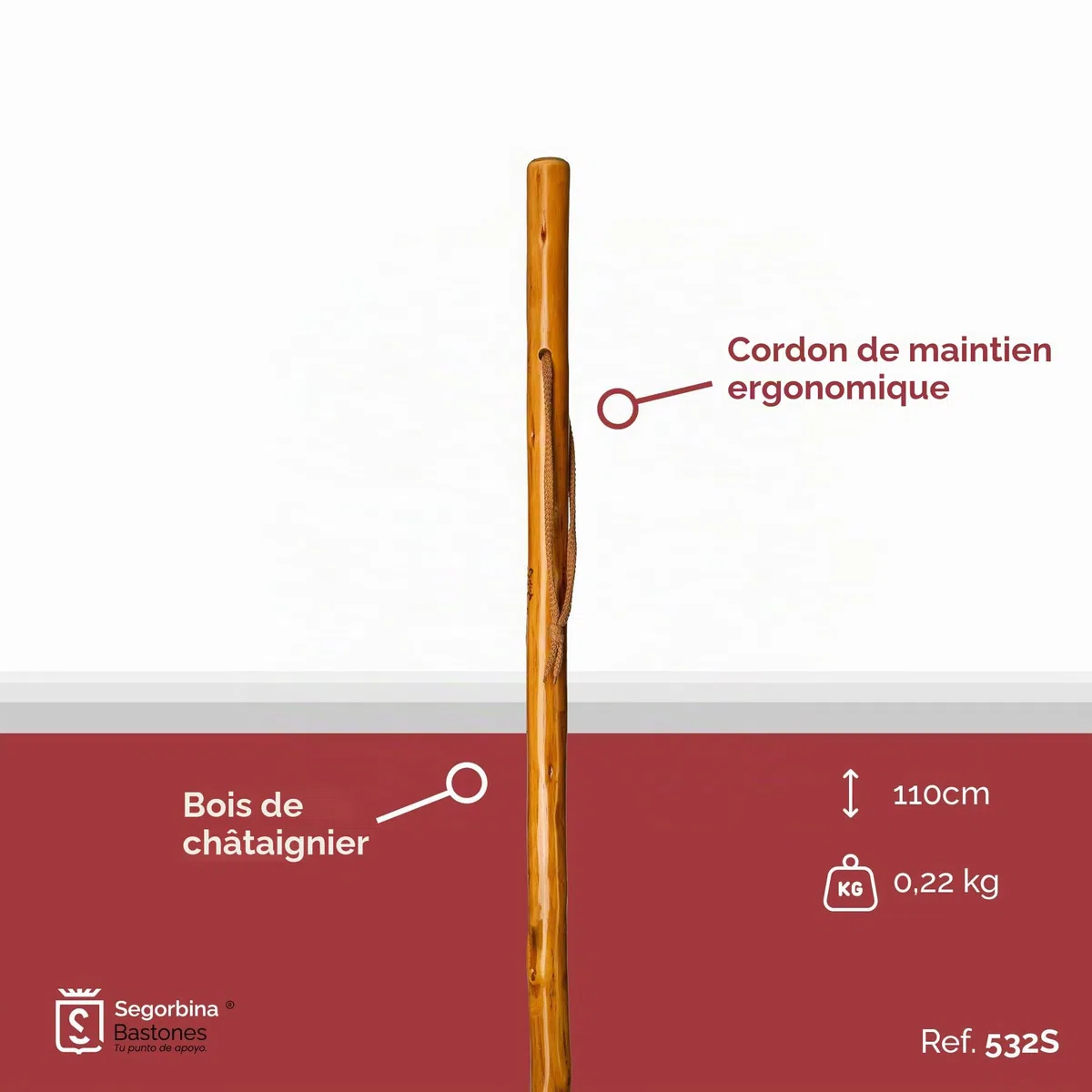 Bâton de Randonnée en Bois de Châtaignier 1,1 m Taille M (532S) pour la Montagne et le Pèlerinage