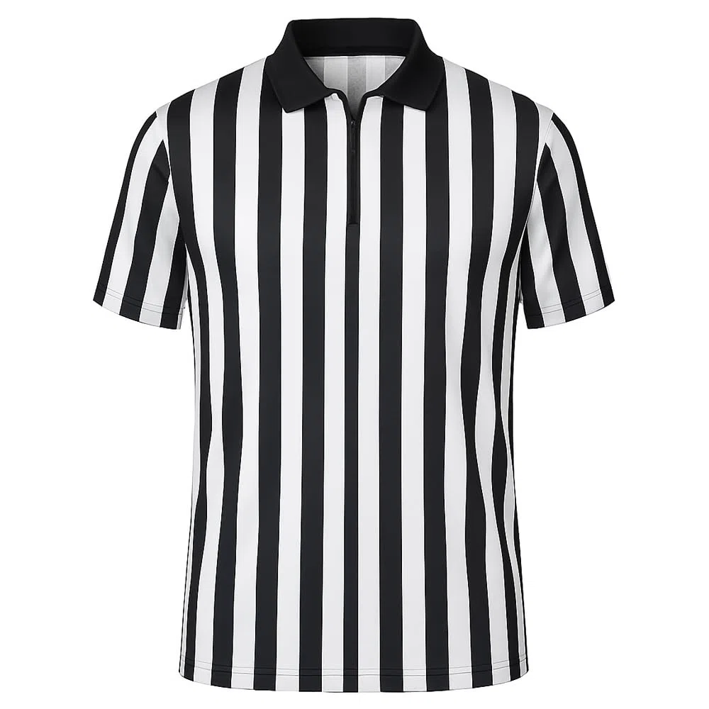 Nationwear Maillot d’Arbitre à Rayures pour Hommes & Femmes – T‑Shirt Classique Noir & Blanc avec Col et Demi‑Fermeture Éclair, Manches Courtes, Polyester Léger à Séchage Rapide