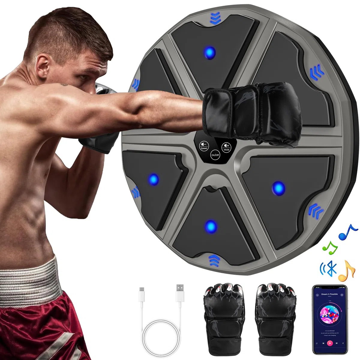 Music Boxing Machine à musique électronique LED avec gants de boxe, 9 modes de vitesse et mode de comptage Prise en charge Bluetooth, cadeau pour adultes et enfants Exercise