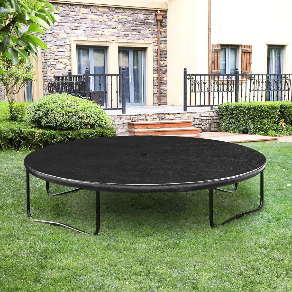 SONGMICS Housse de Trampoline,Ø 244 305 366 cm, Bâche de Protection, avec Trou d’évacuation d’Eau, Protection Contre la Pluie, Le Soleil, la Neige, Sangles élastiques, Crochets