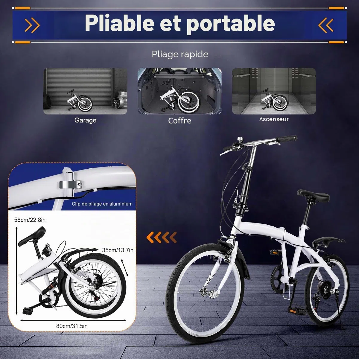 Vélo pliant 20 pouces pour adulte - 6 vitesses - Blanc - 75-93 cm - Siège réglable en hauteur - Pliable - Pour femmes, adolescents, camping