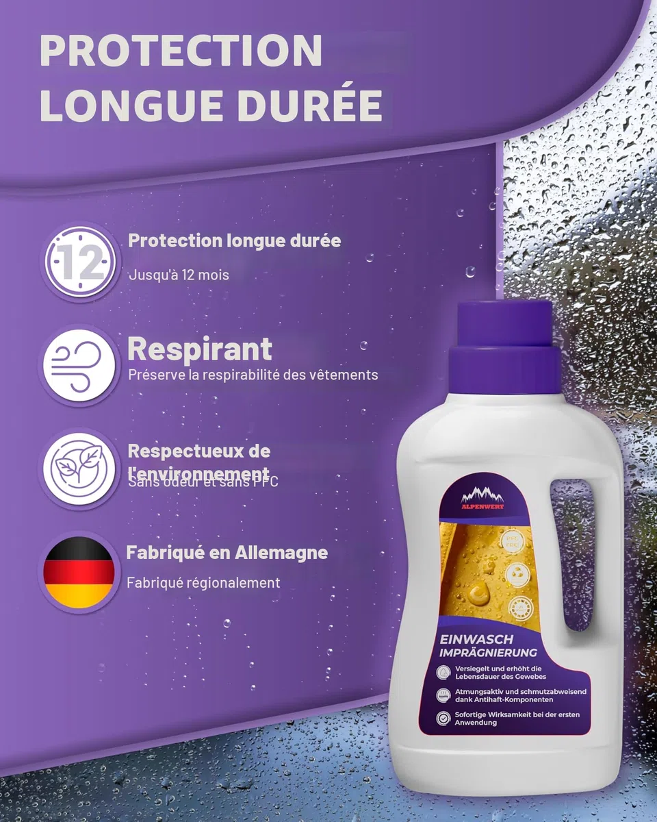 ALPENWERT Imperméabilisant 500 ml + lessive 500 ml [Fabriqué en Allemagne] – Imprégnation de lavage & lessive de sport pour vêtements d'extérieur, de ski et de fonction – Gore-tex UVM Impränier