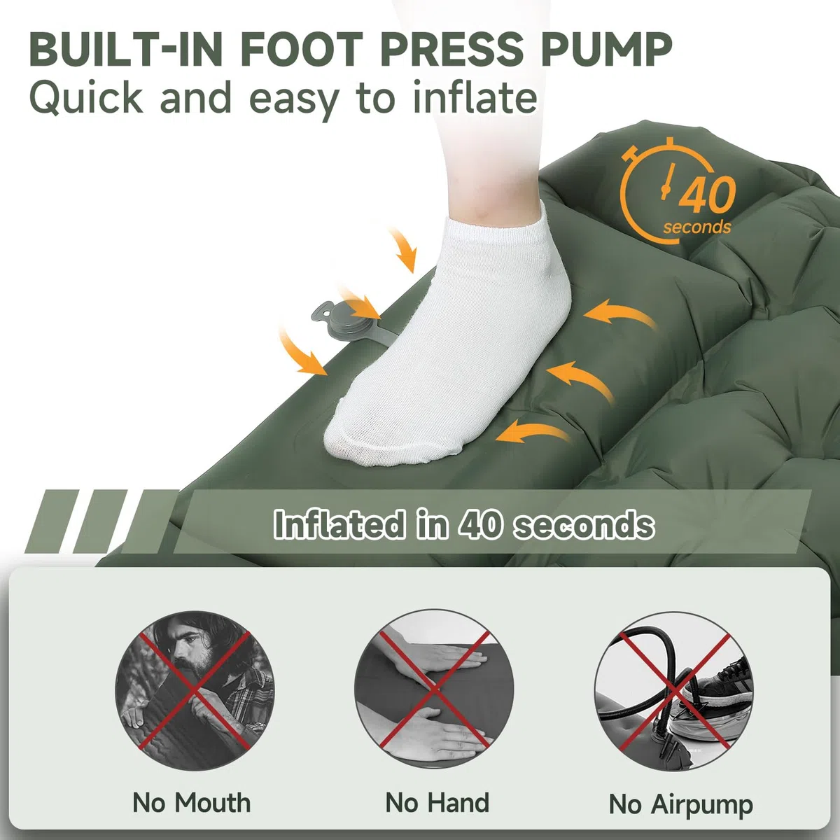 HAUSPROFI Matelas isolant de camping, 10 cm, ultra léger, avec pompe à pied et coussin, matelas gonflable compact et léger, tapis de camping pour randonnée, plage, extérieur, vert armée