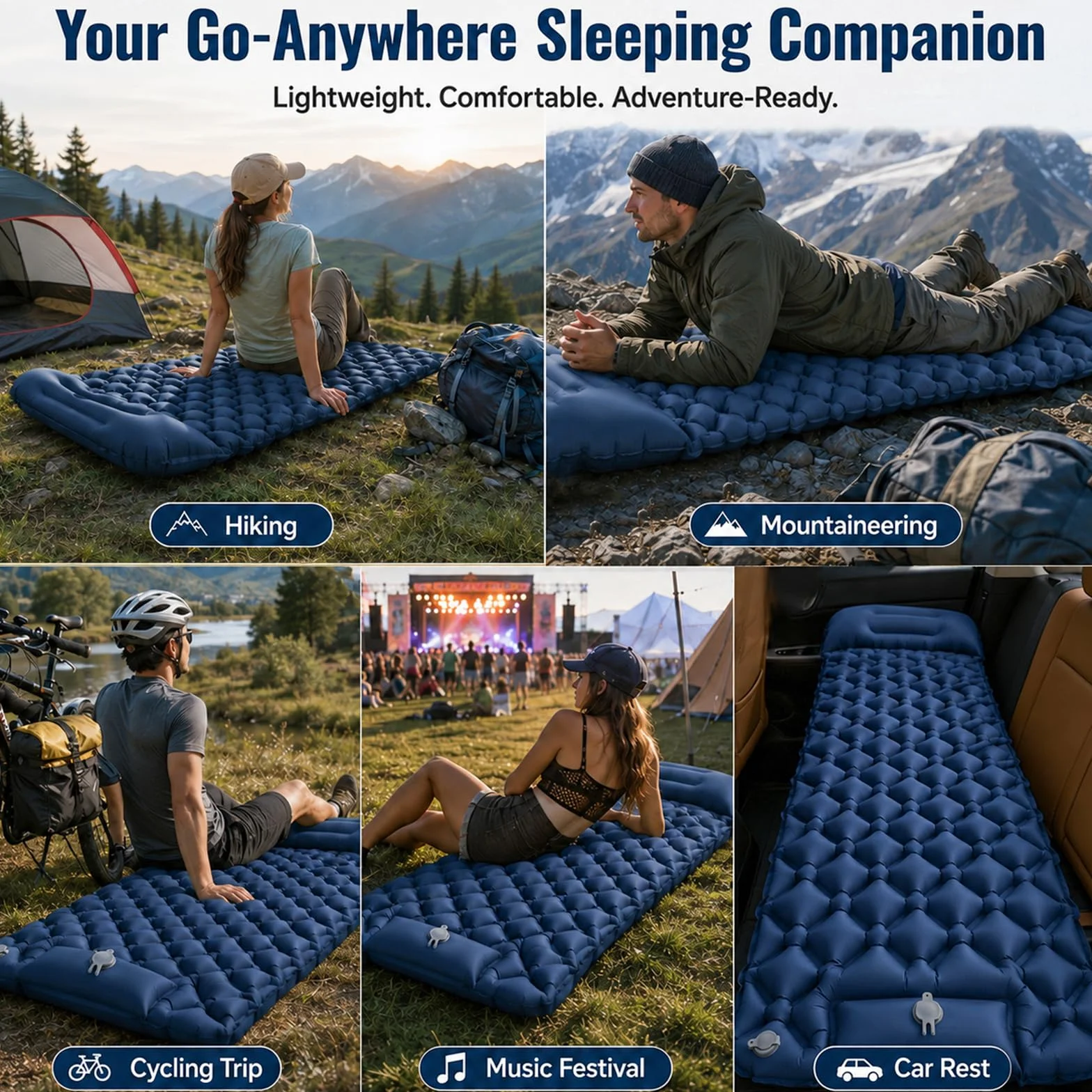 CIYIN Matelas Camping Autogonflant, Matelas Gonflable 1 Place, Matelas de Plage, avec Oreiller et Pompe à Pied intégrée, Ultra Léger, Portable, pour Tente Trekking Randonnée (Bleu Marine)
