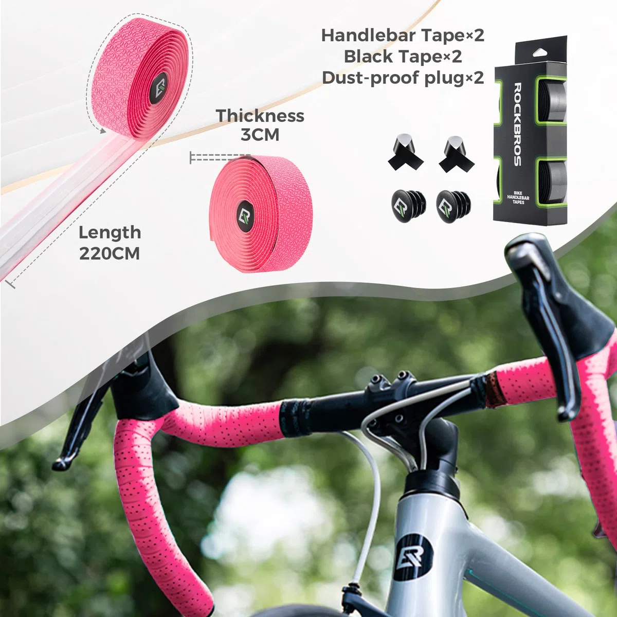 ROCKBROS Deux Rouleaux Bande de Guidon Vélo de Course, Super long 220cm et Epaisseur 3mm, Bande de Poignée Autocollante pour MTB Gravel Vélo de Course et Urban Cycling, Accessoires