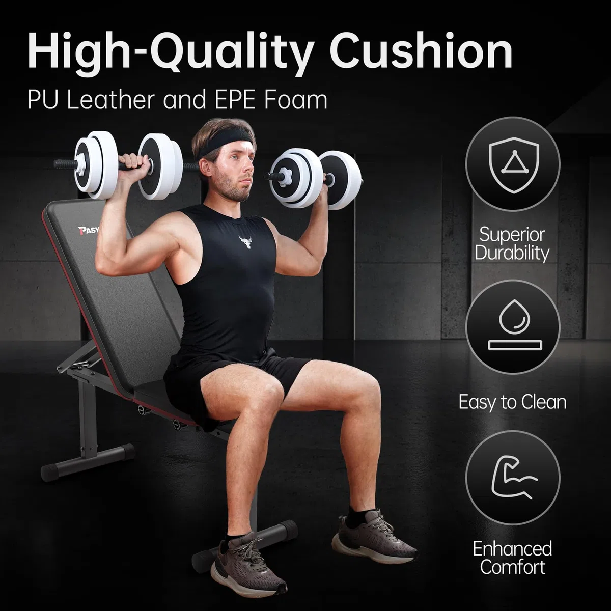 PASYOU Banc Musculation Pliable, Banc Muscu Plat et Inclinable Multi-Niveaux avec 300KG de Capacité de Charge, Réglable Banc de Musculation pour Salle de Sport à Domicile Double Cadre.