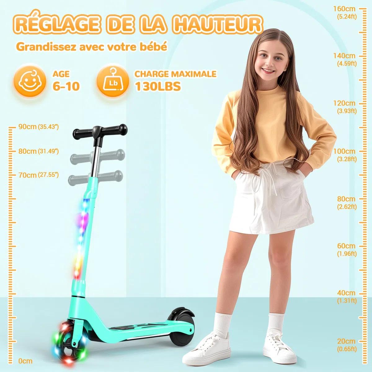 SISIGAD Trottinette Electrique Enfant 6-8-10 Ans Scooter Électrique 5.3 Pouces avec Lumière LED Colorée & 3 Hauteurs Ajustables, Trottinette Enfant Vitesse Max 10 Km/h Charge Max 70Kg Autonomie 4KM