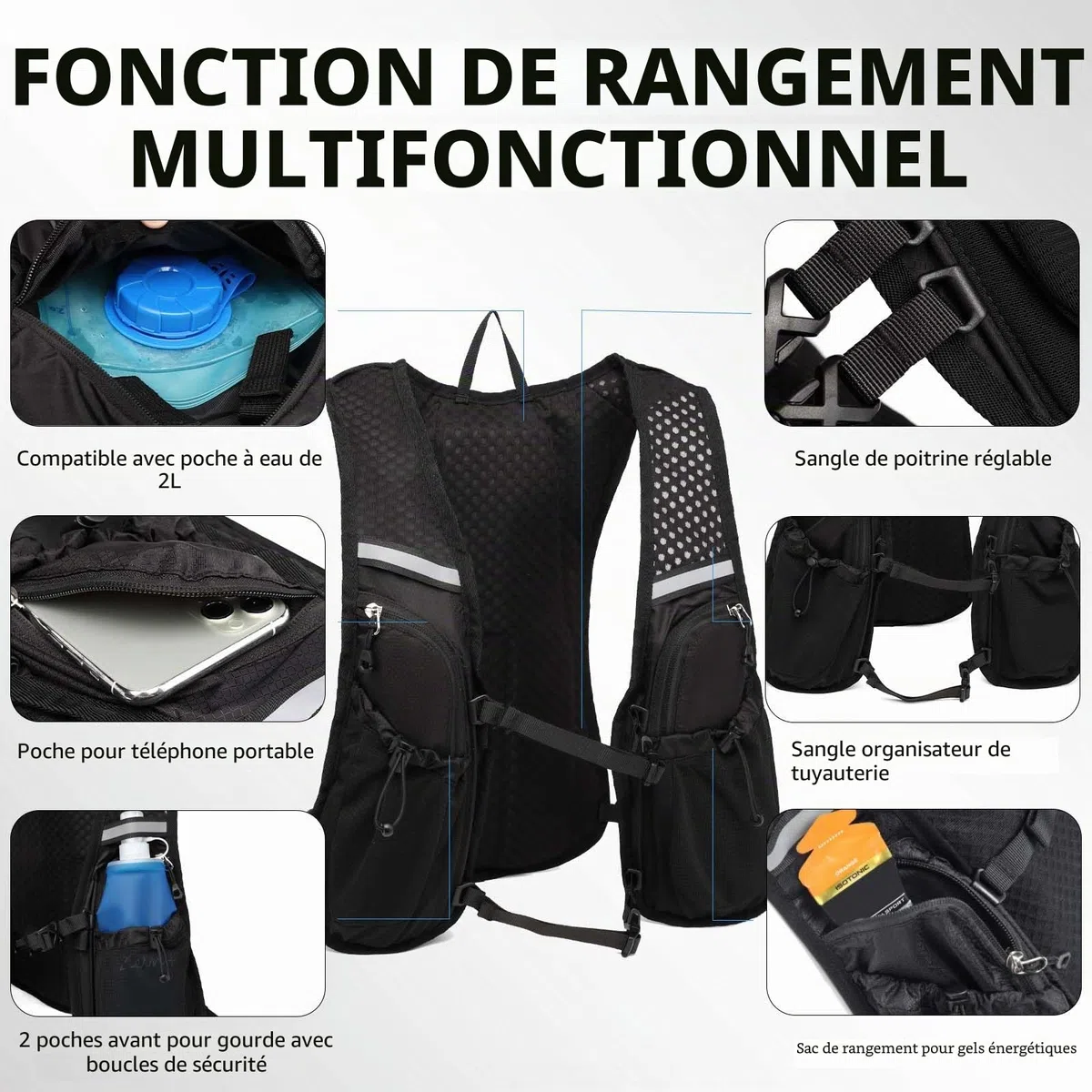Sac à dos d'hydratation avec poche à eau, 2 l, gilet de course, pour homme et femme, ultra léger, pour la course, le marathon, le jogging, le cyclisme