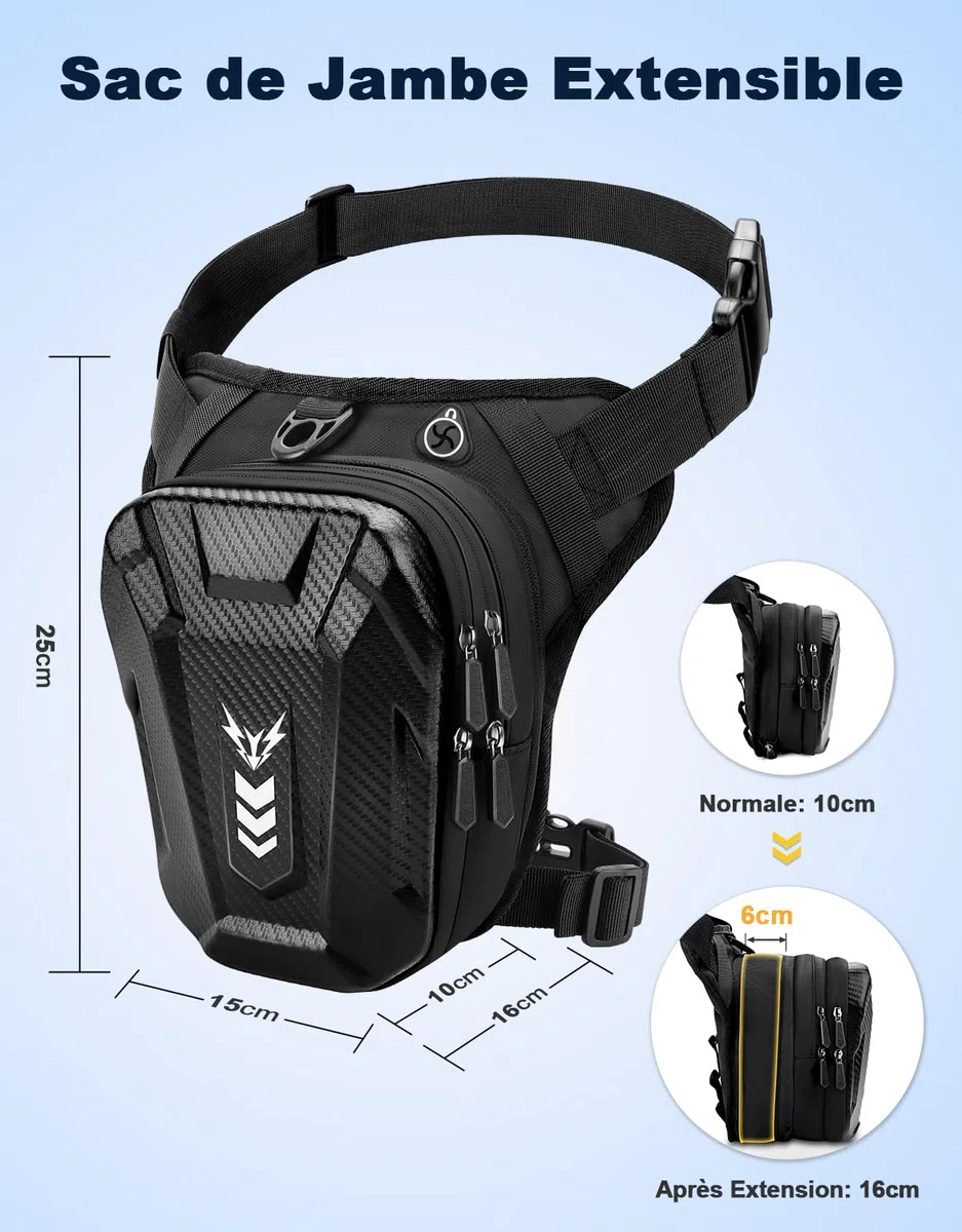 Sacoche de Jambe Moto, [Capacité Extensible] Sac Banane Pochette Ceinture Homme & Femme, Coque EVA, Bande Réfléchissante et Sangle de Jambe Réglable, Leg Pack pour Cyclisme Course Randonnée