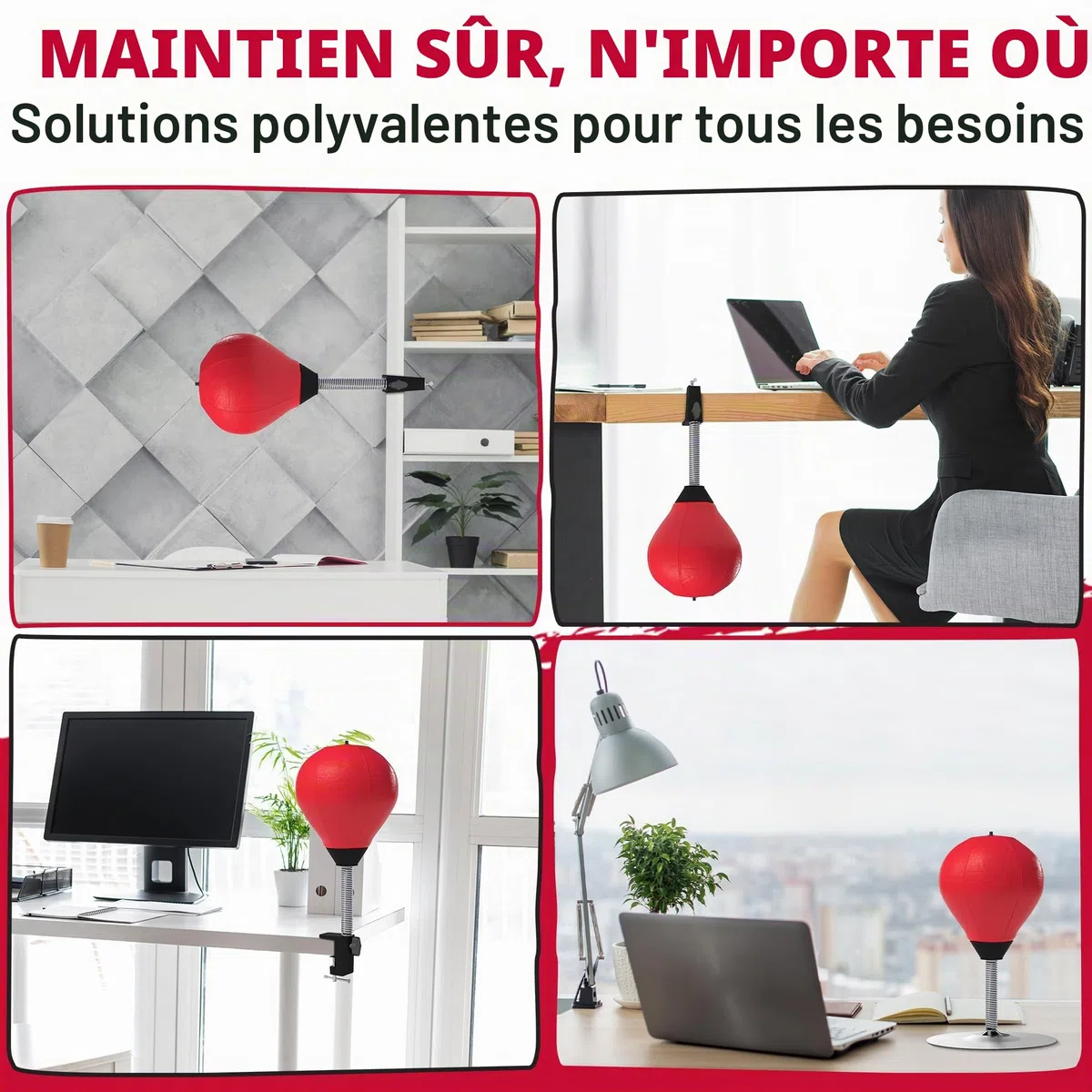 Mini sac de frappe anti-stress avec pince de table et ventouse - Sac de frappe suspendu ou debout - Punchingball / Wutball / Ballon de réflexe / Coussin de colère pour enfants et adultes