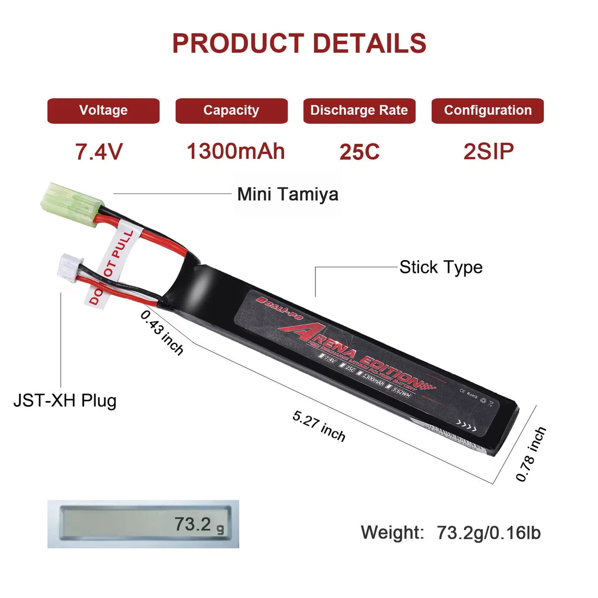 Bos-Lipo Airsoft Batterie Lipo 7,4V 1300mAh 25C 2S Batterie au Lithium avec connecteur Mini Tamiya pour Airsoft G36C MP5A5 M249 FNP90 G3A4 Airsoft Gun Pistolet Airsoft Rifle