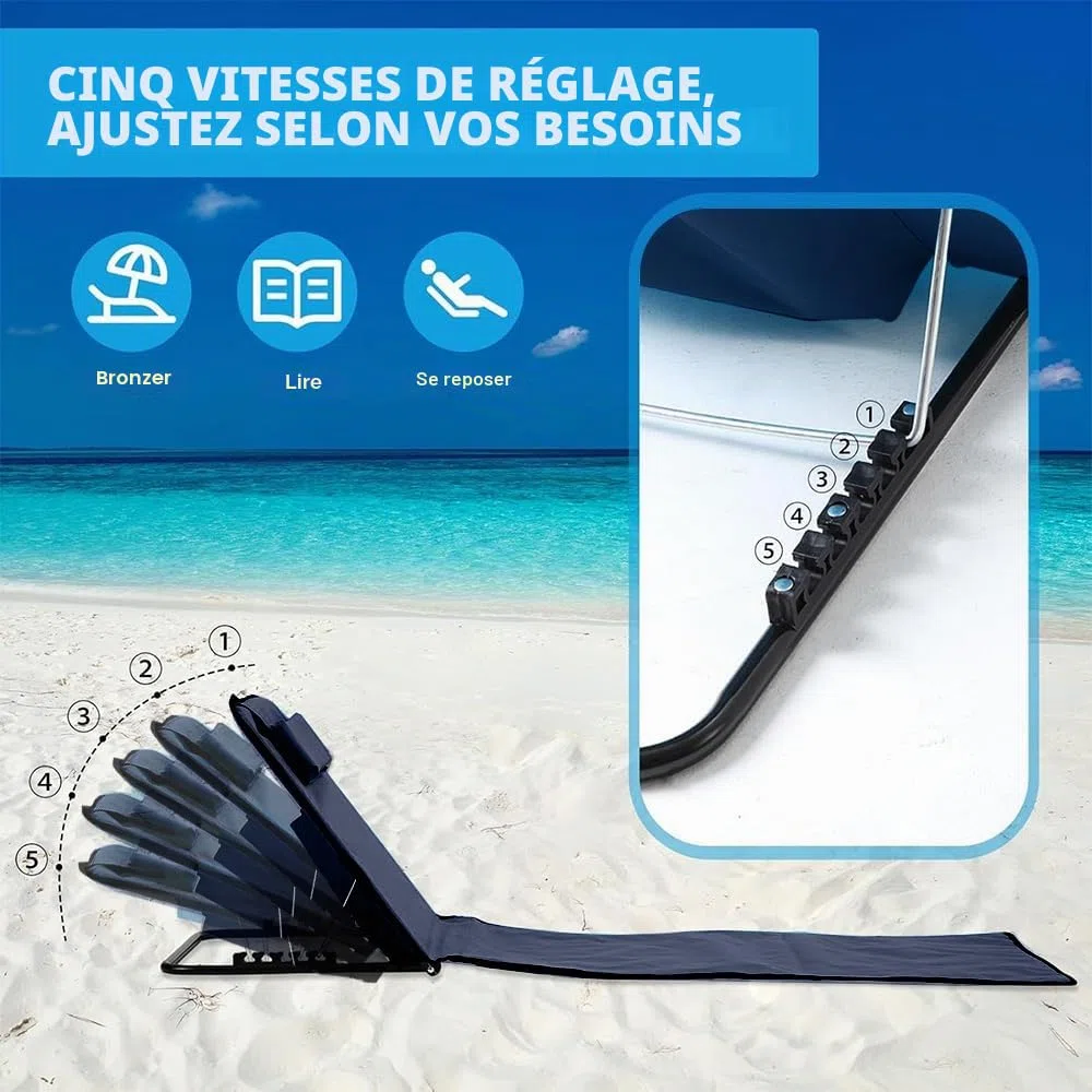 Matelas de Plage Pliable avec Dossier Réglable, Natte de Plage avec Dossier avec Sac de Transport, Tapis de Plage avec Dossier Inclinable, Tapis Plage avec Dossier, pour Plage, Jardin, Camping