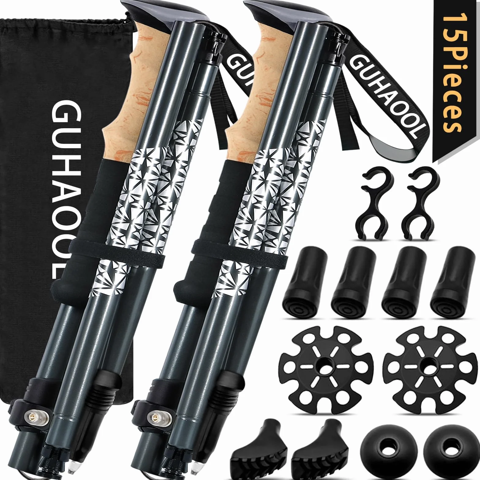 Bâtons de Randonnée, 2 PCS Bâton de Marche Télescopique Retractable,Pliable Antidérapant Ultraléger Bâtons de Marche avec 5 Paires de Tampons en Caoutchouc pour Le Conditionnement du Trekking