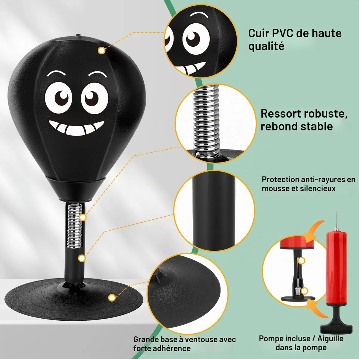 YORWHIN Sac de Frappe de Bureau avec Ventouse Ultra Puissante, Punchingball de Table à Ressort Renforcé, Mini Ballon de Boxe Anti-Stress pour Bureau et Maison, Entraînement et Soulagement du Stress