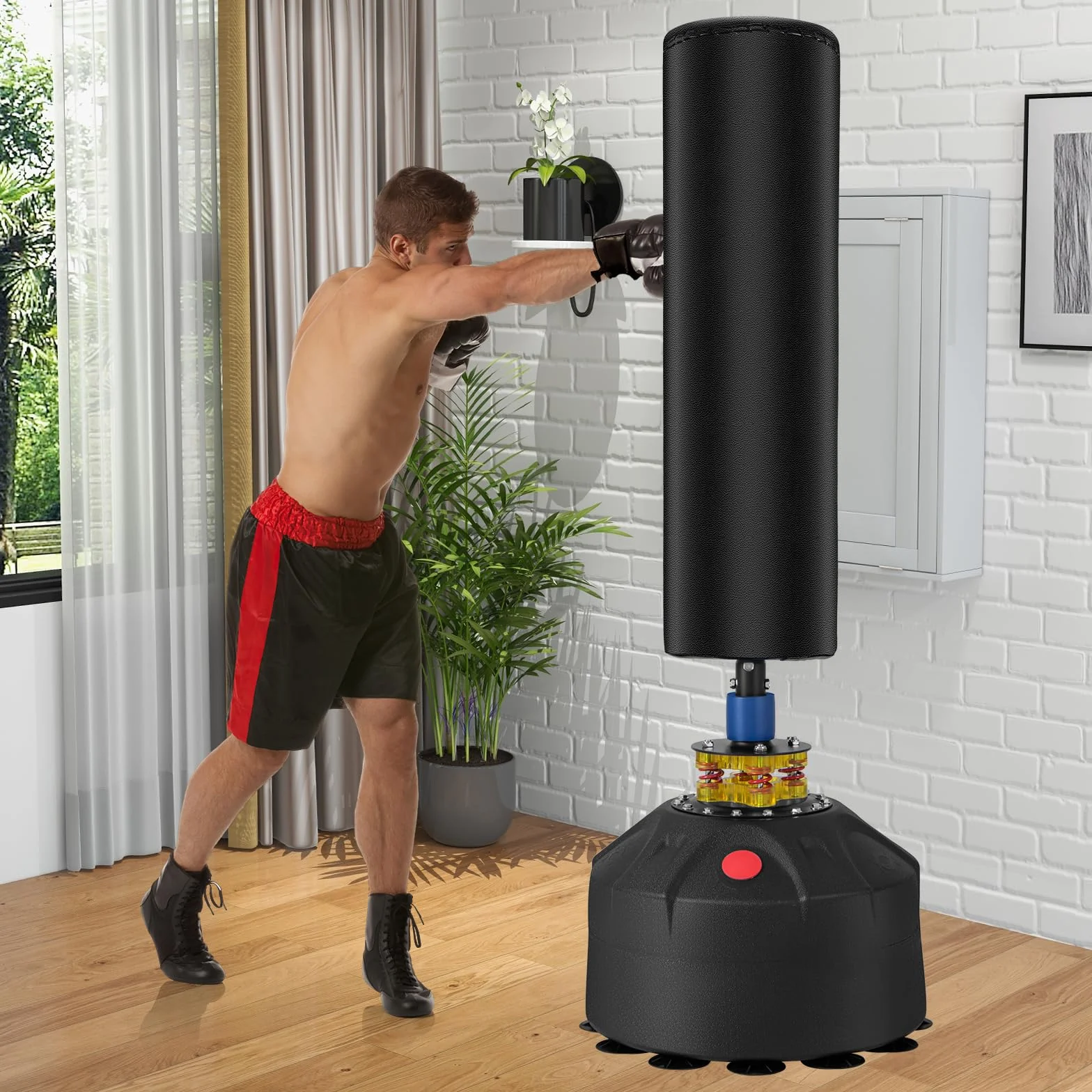 KOMFOTTEU Sac de frappe sur pied de 173 cm avec support, sac de frappe debout avec base à ventouse et gants de boxe, sac de frappe pour adultes