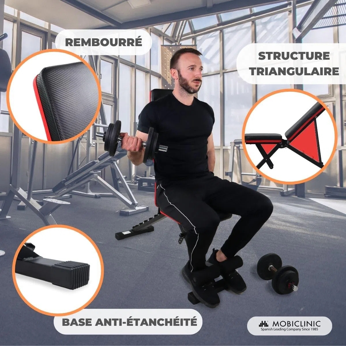 Mobiclinic® Fitness, Banc de musculation, Pliable, Supporte 200kg, Inclinable, Réglable, FlexFit, Multifonction, Banc de musculation, Entraînement complet du corps, FlexFit, Solide et stable, Home Gym